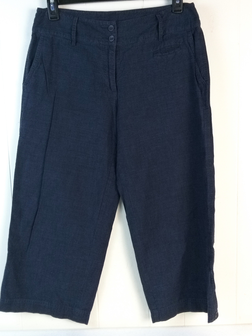 Eileen Fisher 100% Cotton Wide Leg Cropped Capri Pant Size M Navy Blue Inseam 23